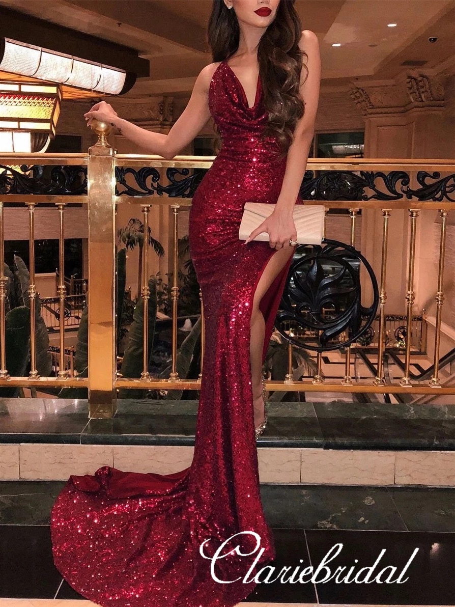 Sexy Long Mermaid Red Sequin Prom ...